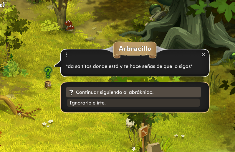 Dofus Torrente Arcano. Pantalla de juego con instrucciones para hacer señales a un arbúsculo, en un entorno de bosque con árboles, vegetación y hongos.