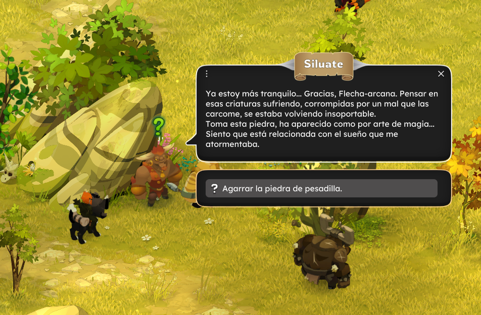 Dofus Torrente Arcano. Un paisaje con plantas, rocas y varias criaturas de aspecto mágico o fantástico, incluyendo un personaje con cuerpo musculoso y cuernos, y dos criaturas pequeñas.