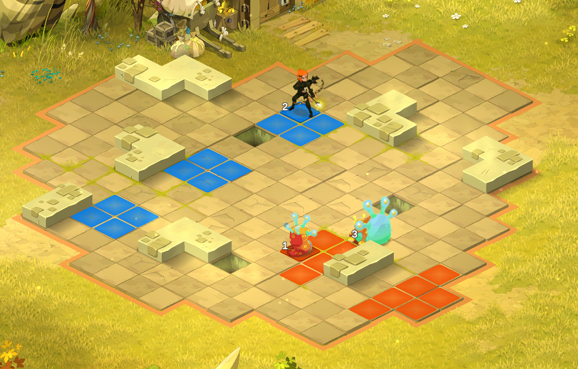 Dofus Torrente Arcano. Pantalla de juego con un personaje en combate contra dos criaturas mágicas en un tablero de cuadrícula, con áreas marcadas en azul y rojo que indican movimiento o ataque.