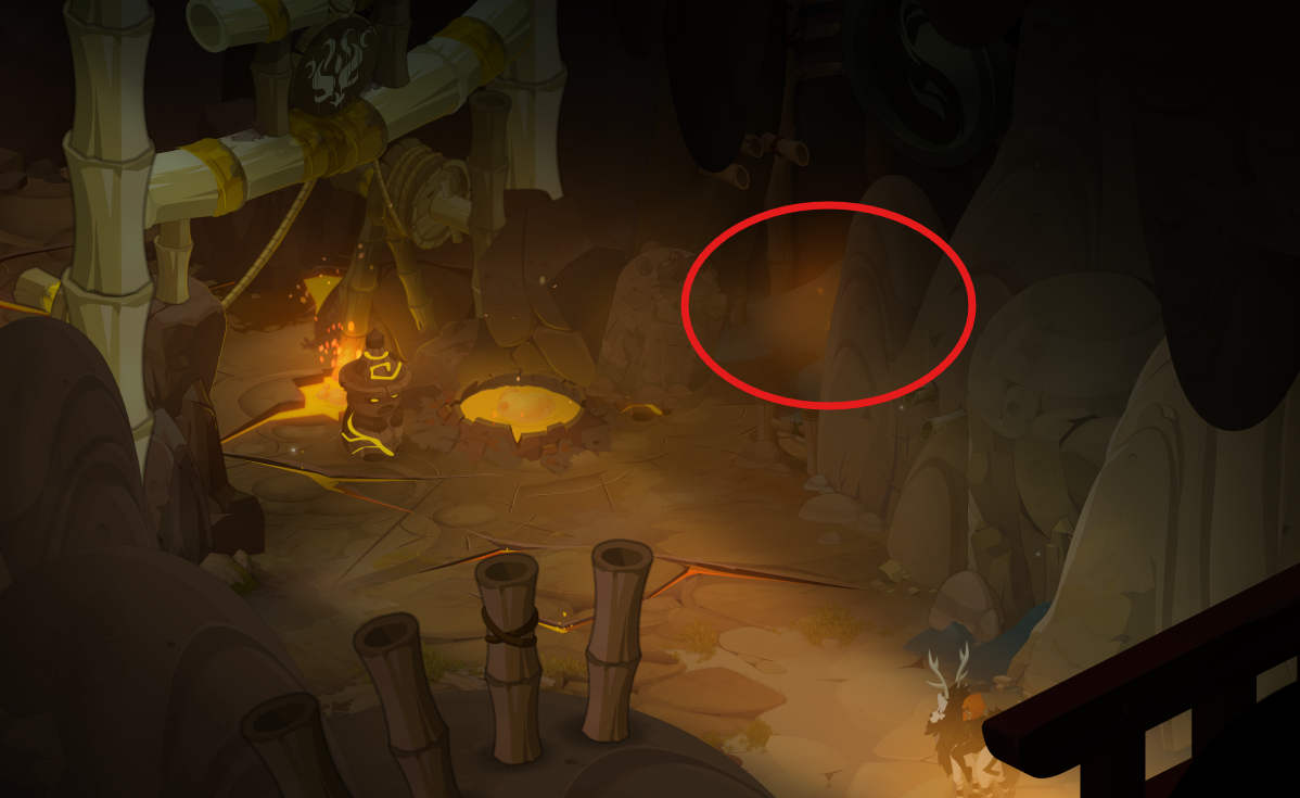 Dofus Torrente Arcano. Escena de un entorno volcánico con roca fundida y estructuras de madera. Hay un círculo rojo que indica un área en la pared de rocas.