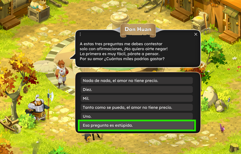 Un diálogo en un juego con preguntas y respuestas sobre el amor y el dinero en un entorno de fantasía con árboles y personajes de dibujos animados.