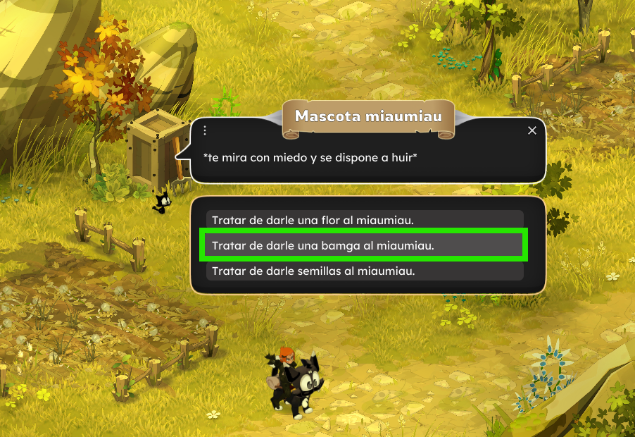 Dofus Torrente Arcano. Pantalla de selección de acción en el juego con opciones para tratar a una mascota llamada miauimiau, incluyendo ofrecerle flores, darle una bamba o semillas.