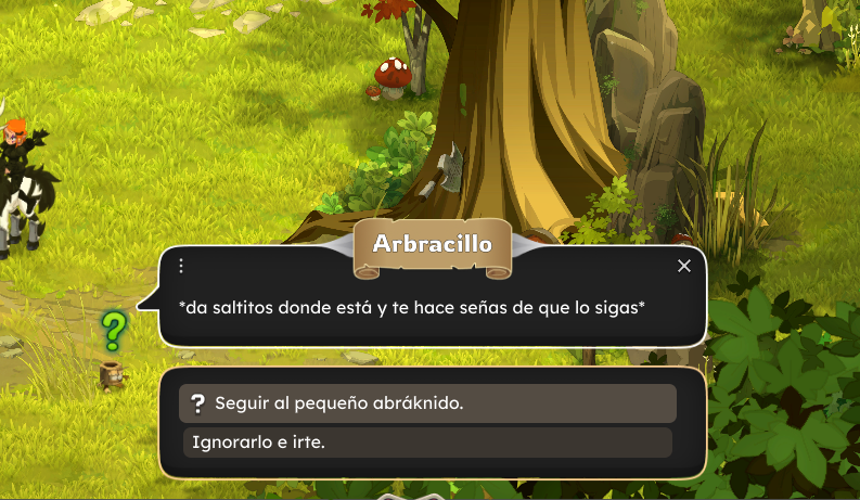 Dofus Torrente Arcano. Pantalla de un videojuego con instrucciones para avanzar a través de la acción de saltar donde se indica la opción de seguir un pequeño duende.