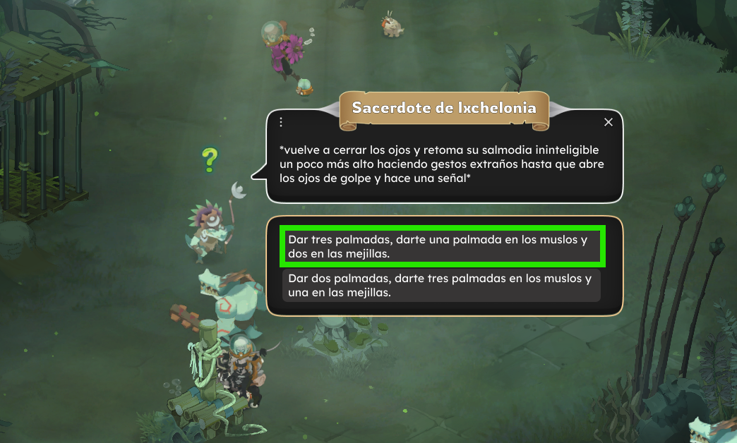 Pantalla de un juego con diálogo en español, opción resaltada en verde que dice 'Dar tres palmadas, darte una palmada en los muslos y dos en las mejillas'.