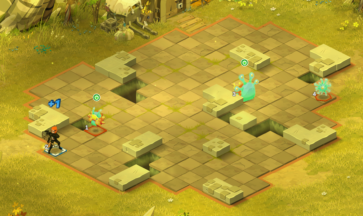 Dofus Torrente Arcano. Un juego de estrategia en un escenario al aire libre con terreno de mosaico, con personajes y criaturas en combate, marcado por cuadros y niveles numerados.