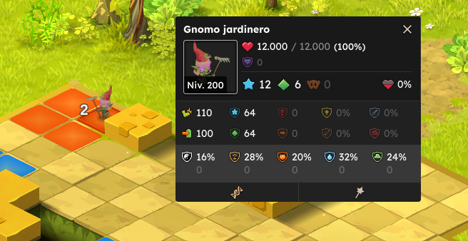 Información del gnomo jardinero con puntos de vida, nivel, habilidades y estadísticas en un juego de estrategia.