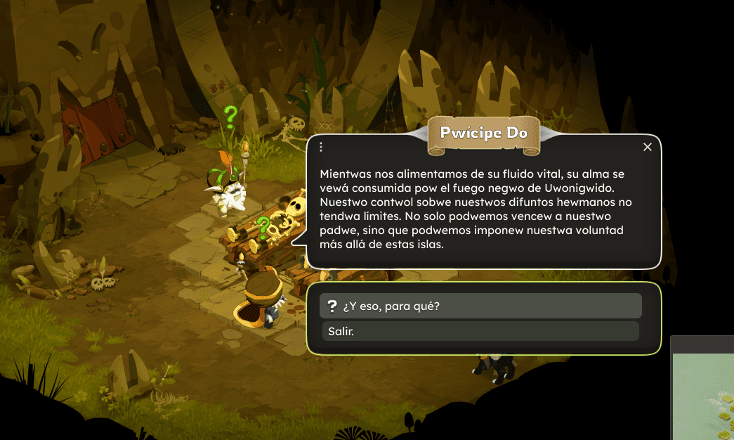 Pantalla de videojuego con un personaje pequeño y una opción de diálogo que explica la importancia del agua vital y la voluntad de avanzar más allá de las islas.