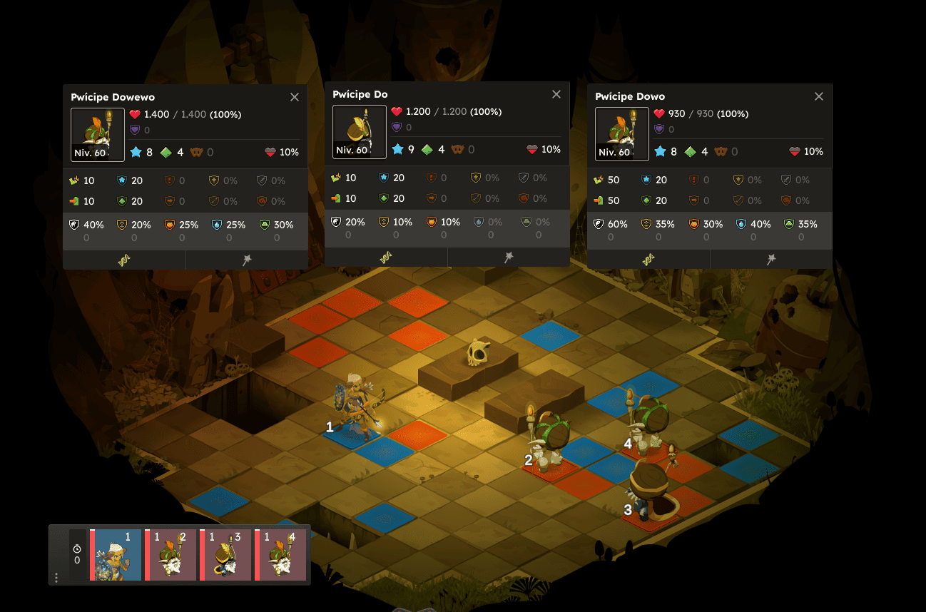 Pantalla de un videojuego táctica por turnos en un escenario con personajes y paneles que muestran estadísticas y habilidades de diferentes criaturas y personajes en un entorno de fantasía oscuros y misteriosos.