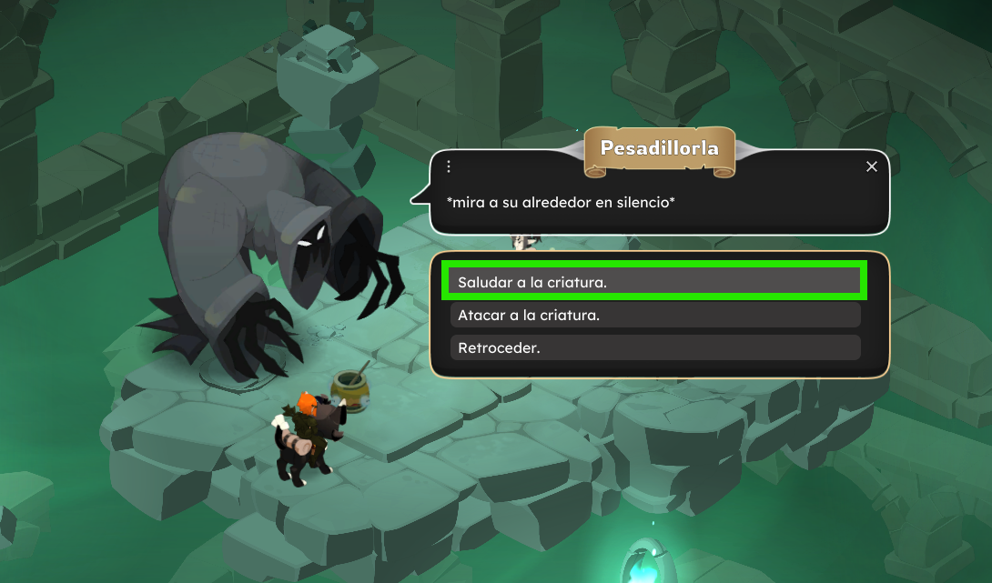 Dofus Torrente Arcano. Un personaje en un juego de aventuras en un entorno de piedra, enfrentándose a un monstruo oscuro con múltiples patas y ojos, y en una opción de diálogo que dice 'Saludar a la criatura'.