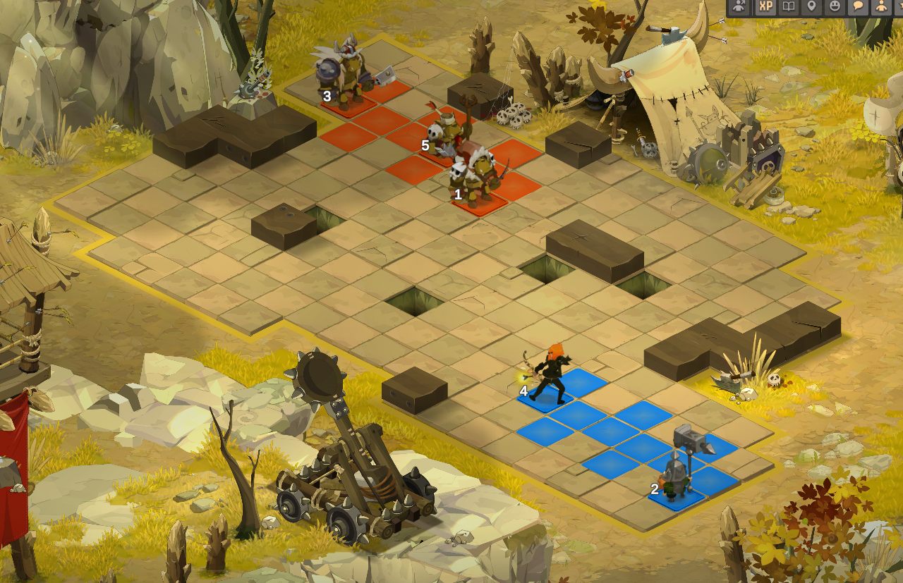 Un escenario de juego con varias figuras de personajes, algunos de ellos aparentemente en combate, en un entorno de naturaleza con rocas, árboles y estructuras rudimentarias.