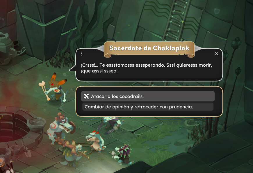 Captura de pantalla de un videojuego con personajes caricaturescos en un entorno de la selva con vegetación y ruinas antiguas. La pantalla muestra un diálogo entre un sacerdote y otros personajes, con opciones de acción.