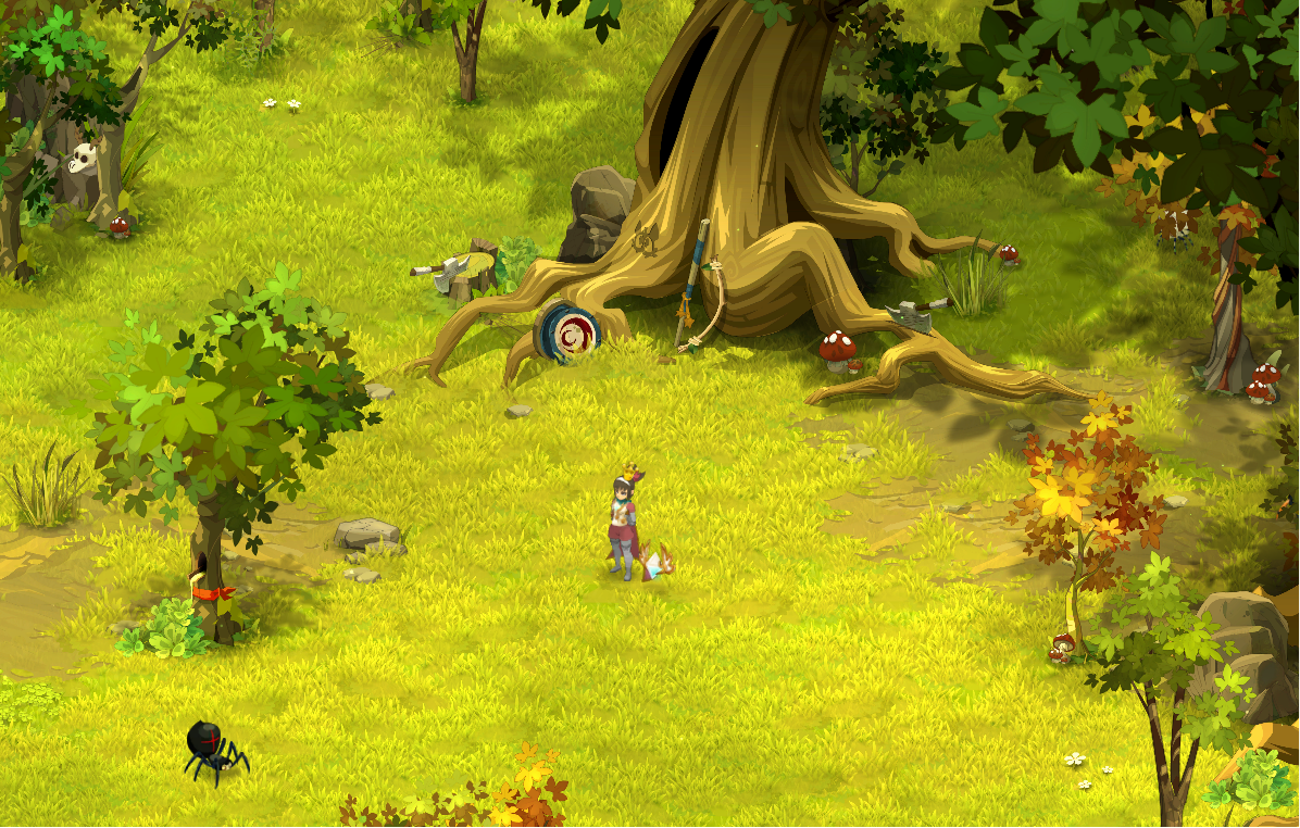 Dofus Torrente Arcano. Escena en un bosque con árboles, hongos y un árbol grande con raíces expuestas. Hay una persona con un animal y varias arañas en el suelo, así como pájaros y un oso panda entre los árboles.