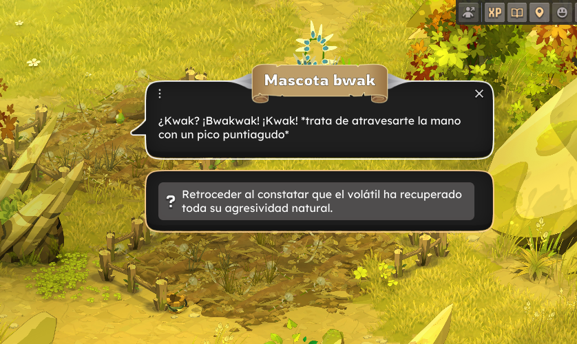 Dofus Torrente Arcano. Pantalla de videojuegos con texto en español que describe una mascota llamada 'bwak' o 'kwak', en un escenario natural con vegetación y rocas.