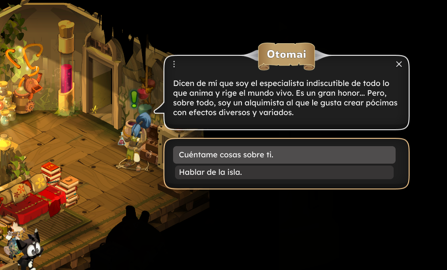 Pantalla de un juego donde un personaje azul está interactuando con una figura llamada Otomai, con opciones de diálogo que dicen 'Cuéntame cosas sobre ti' y 'Hablar de la isla'.