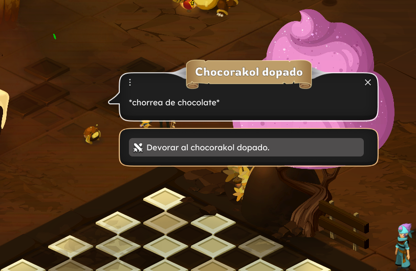 Descripción de la escena del juego con un árbol decorativo rosa y una cuadrícula de fichas, y un diálogo sobre comer un chocarokal dopado