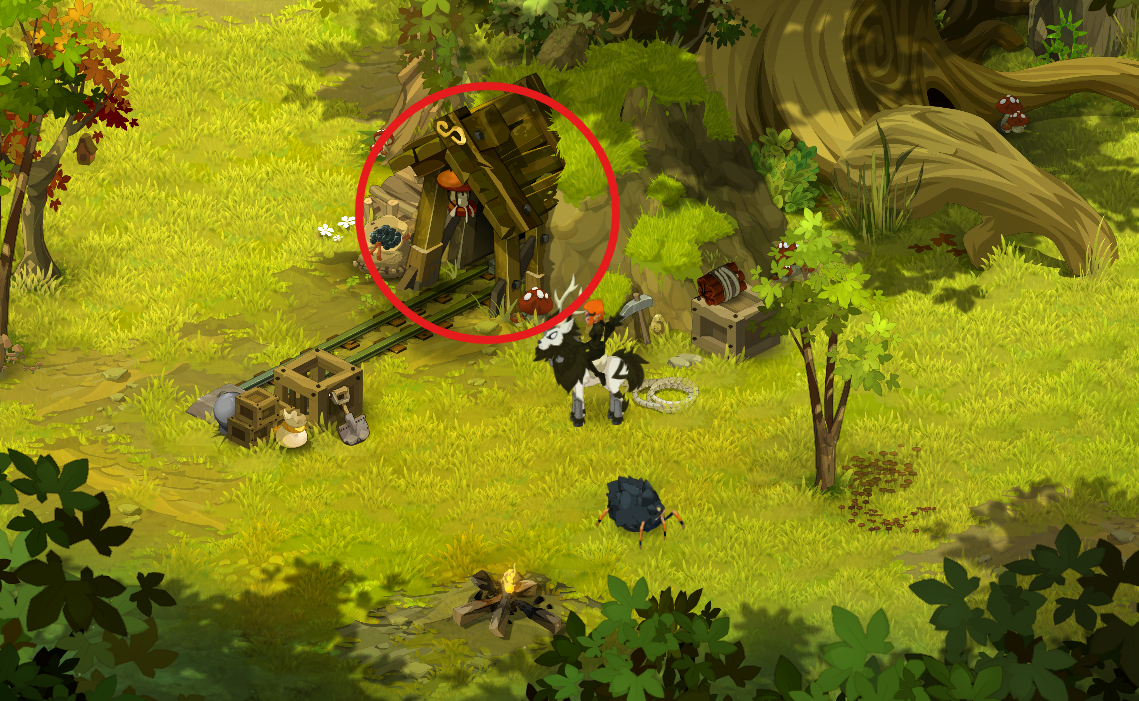 Dofus Torrente Arcano. Casa de madera en medio de un bosque con un camino de rieles y un caballo negro con blanco en frente, rodeado de árboles y vegetación.