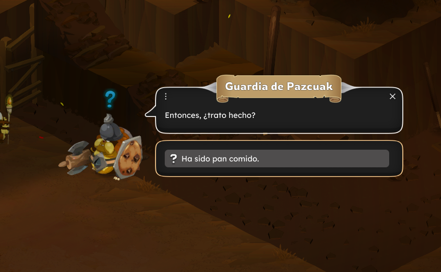 Escuadra de la Guardia de Pazcauk conversando, con opciones de diálogo en un entorno oscuro y terroso.
