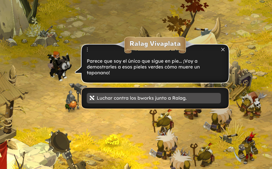 Dofus Torrente Arcano. Personajes en un entorno de fantasía medieval en un juego, con diálogos sobre luchar contra bwork y demostrarles cómo mueren los tapaporos.