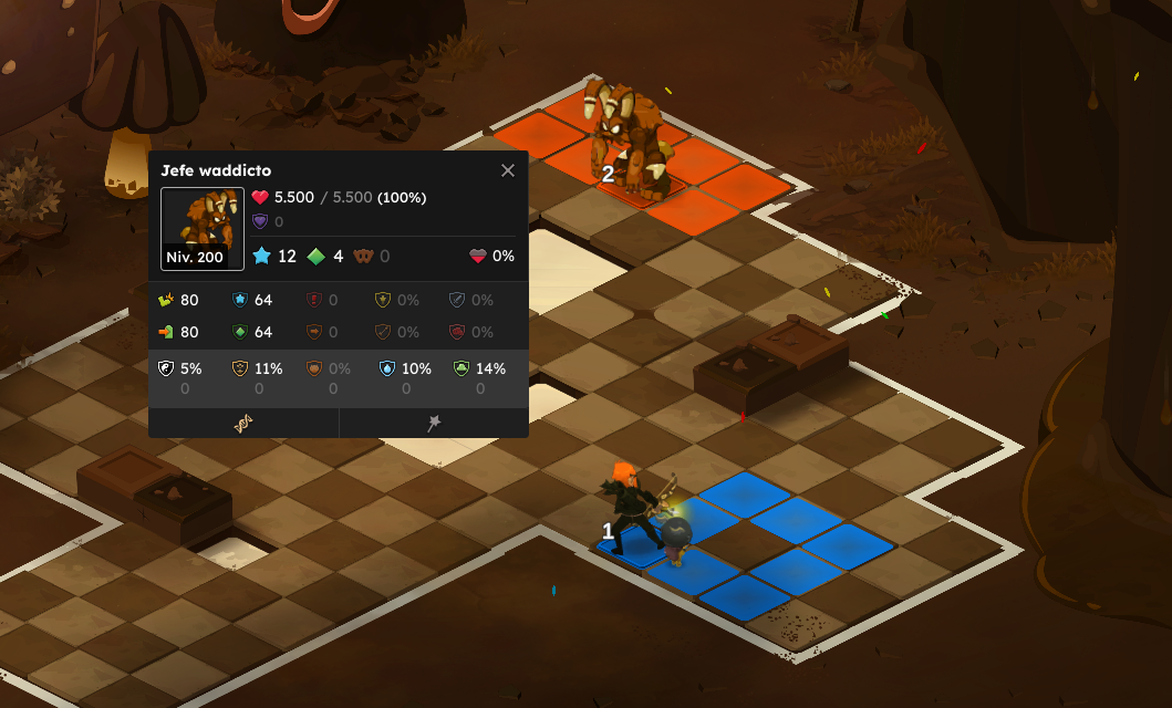 Captura de un juego de rol por turnos con un personaje y un jefe en el tablero de juego. El jefe es un monstruo grande llamado "Jefe waddicto" con nivel 200, 5500 puntos de salud, y diversas estadísticas y resistencias mostradas en una ventana emergente.
