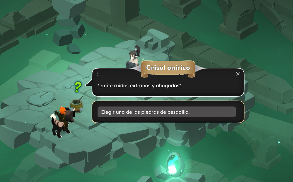 Dofus Torrente Arcano. Personaje llamado Crisol ónico emitiendo sonidos extraños y ahogados en un entorno de piedra, con una opción de selección de piedra de pesadilla en la parte inferior.
