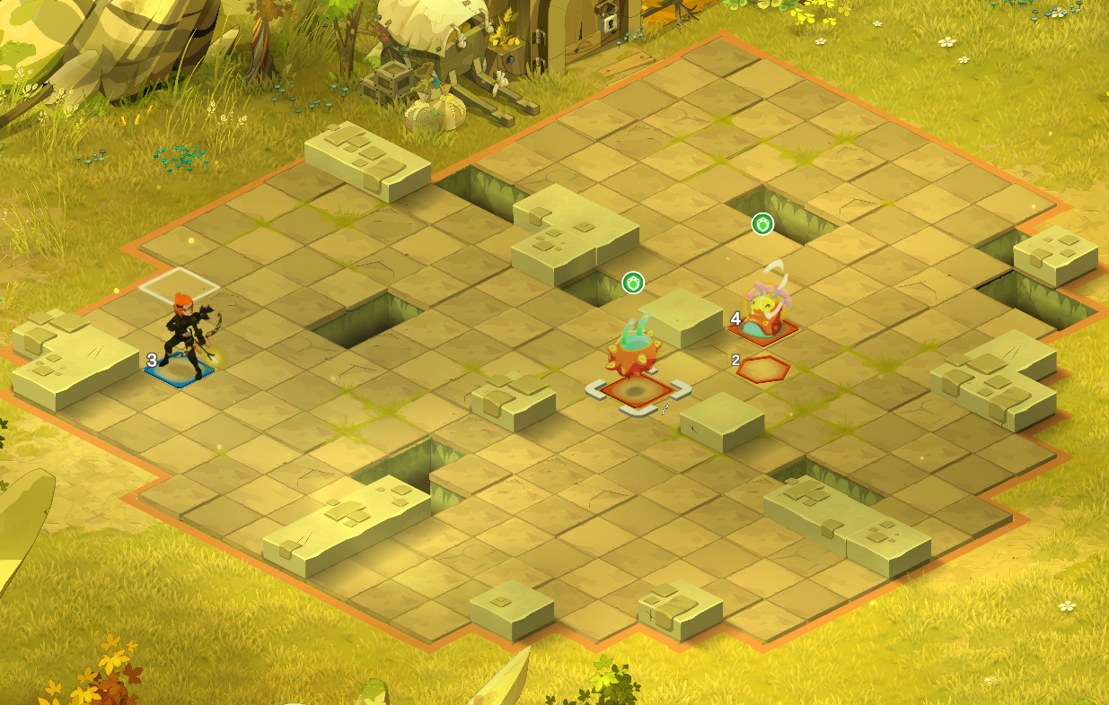 Dofus Torrente Arcano. Escena de un juego de estrategia en un campo con plantas y bloques de piedra, mostrando un personaje con armas enfrentando a criaturas en un tablero cuadrado.