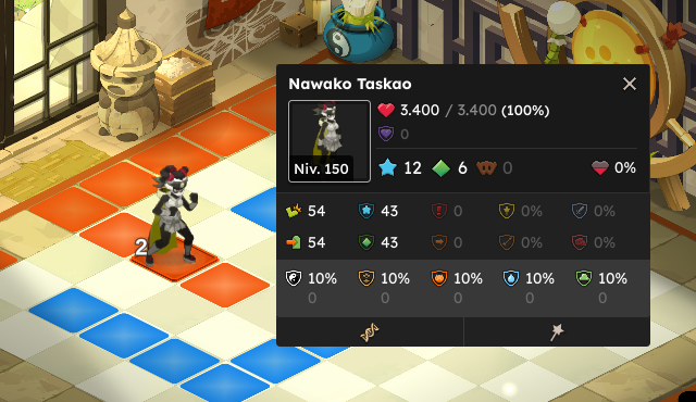 dofus torrente arcano. Pantalla de juego mostrando un personaje llamado Nawako Taskao con nivel 150 y estadísticas, en un entorno de estilo asiático con decoraciones tradicionales y un tablero de juego con fichas rojas, azules y blancas.