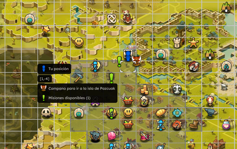 Mapa de estrategia con iconos y marcadores, incluyendo una campana, tareas disponibles, y personajes en diferentes ubicaciones.