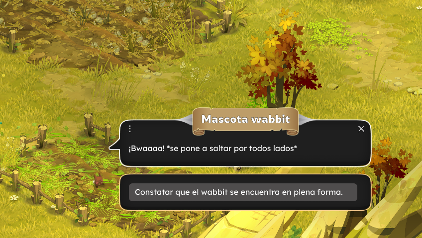 Dofus Torrente Arcano. Pantalla de videojuego con un zorro de mascota saltando en un entorno de paisaje natural con plantas y arbustos, y un cuadro de diálogo de la mascota wabbit en español.