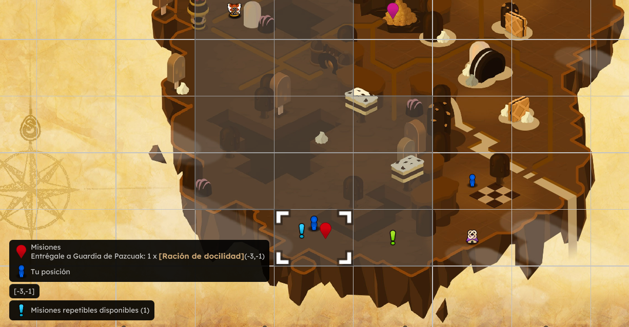 Mapa de un escenario de juego con diferentes personajes y elementos en un entorno flotante con un estilo de dibujo en tonos marrón y amarillo, incluyendo objetivos y objetos de misión en la parte inferior izquierda.