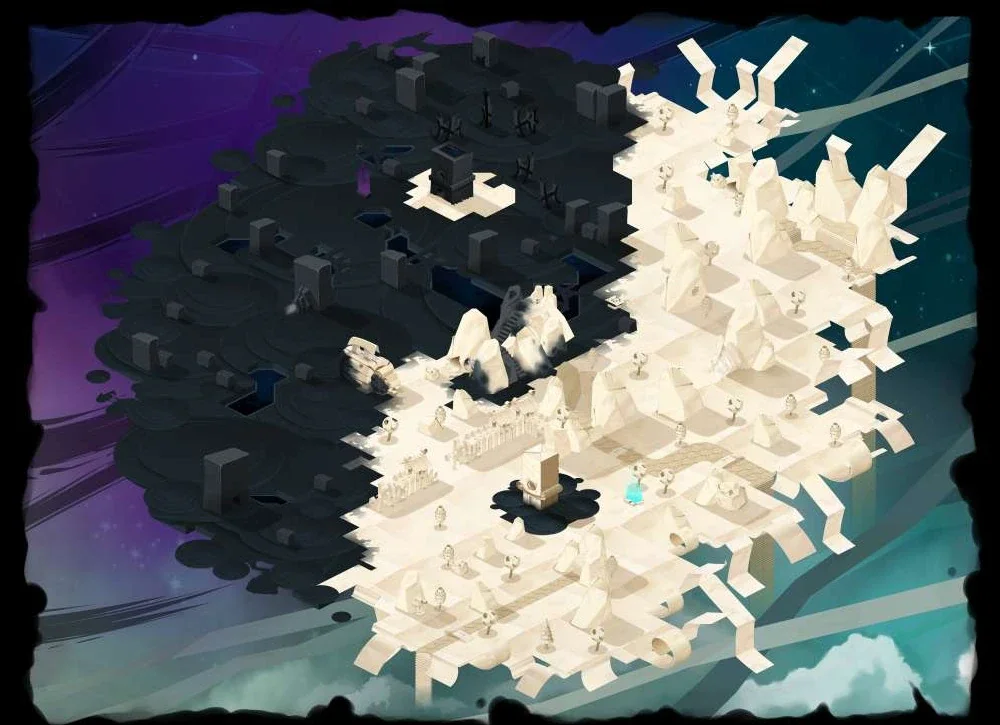 Dofus Torrente Arcano. Mapa en estilo de arte digital que muestra una mezcla de áreas oscuras y claras con estructuras y caminos.