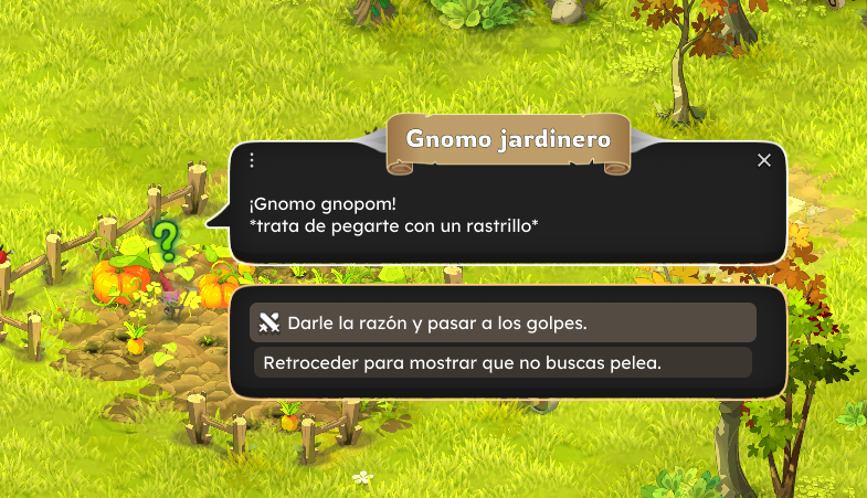 Un pequeño jardín con plantas, flores y calabazas. Un gnomo jardinero hablando con opciones de diálogo en español.
