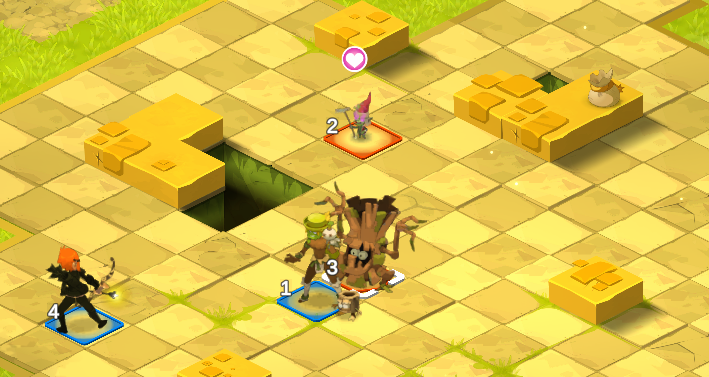 Cuatro personajes en un tablero de juego de fantasía con bloques de piedra y un árbol mágico, enfrentándose a un monstruo grande, en un entorno de paisaje rural.