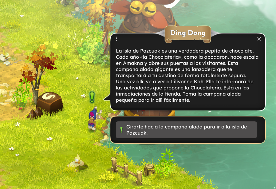 Una descripción del entorno de un bosque con césped y árboles, con un personaje de videojuego en primer plano y un texto en pantalla que explica sobre la isla de Pazcuak y una campana gigante para viajar a ella.