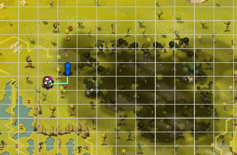 Dofus Torrente Arcano. Mapa de un bosque en un videojuego, con un marcador azul y una flecha que apunta hacia una estructura en la esquina inferior izquierda.