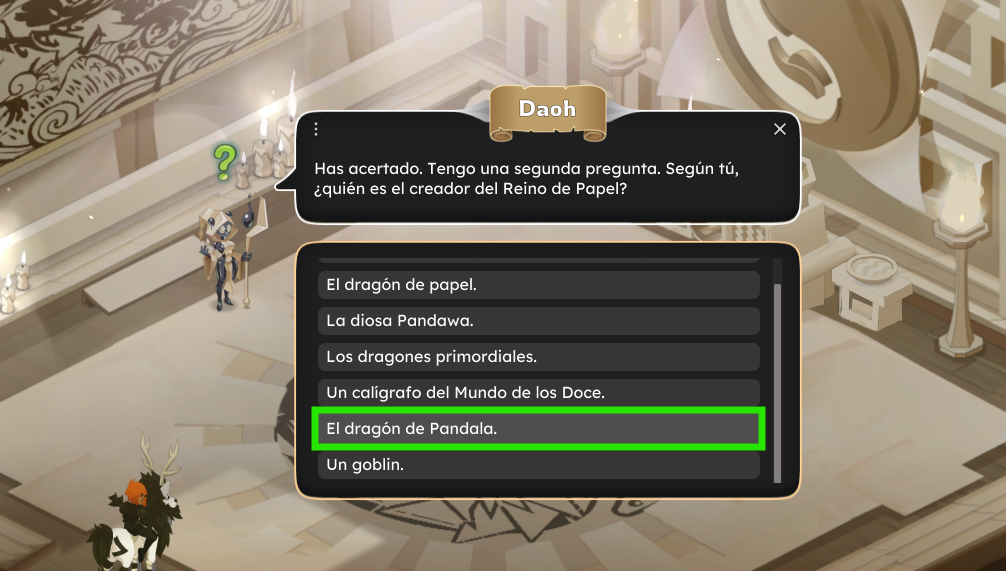 Dofus Torrente Arcano. Pantalla de un juego de preguntas con opción resaltada en verde que dice 'El dragón de Pandala'.