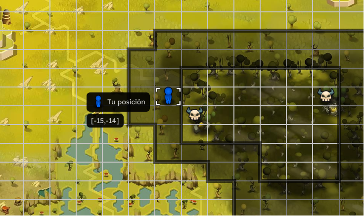 Dofus Torrente Arcano. Mapa de un juego con un personaje azul, un enemigo con cara de calavera y otro con cara de calavera en un bosque, mostrando la posición del jugador en coordenadas -15, -14.