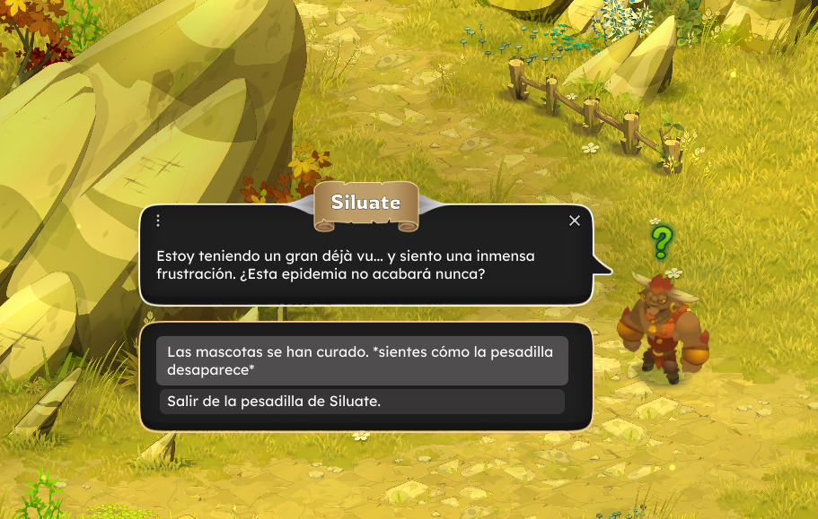 Dofus Torrente Arcano. Personaje de videojuego con orejas de animales y ropa de cuero en un campo con rocas y césped, hablando con un cuadro de diálogo con opciones de respuesta.