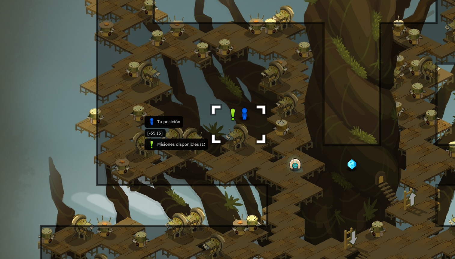 Mapa de un videojuego con plataformas de madera, ríos y una cascada, con varias máquinas y elementos decorativos relacionados con la tecnología y la naturaleza.