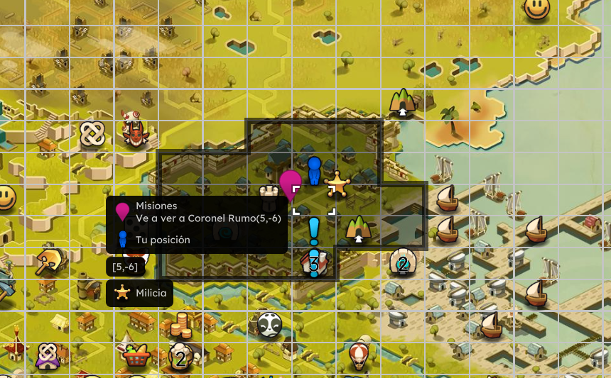 Dofus Torrente Arcano. Mapa de un juego de estrategia con iconos de barcos, unidades militares, y coordenadas que indican misiones y la posición del jugador en (-5, -6).