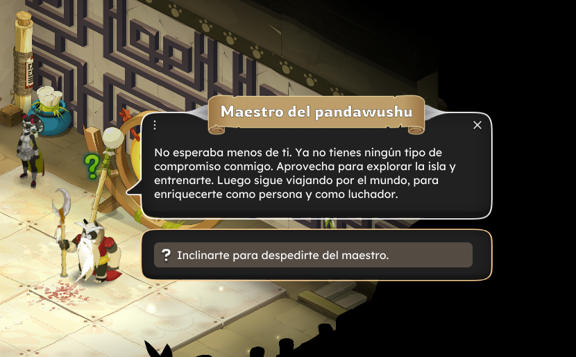 dofus torrente arcano. Pantalla de un videojuego con un personaje con barba y vestimenta de panda luchador, en un entorno que parece un dojo o sala de entrenamiento, con un texto en ruso y opciones de diálogo en español.