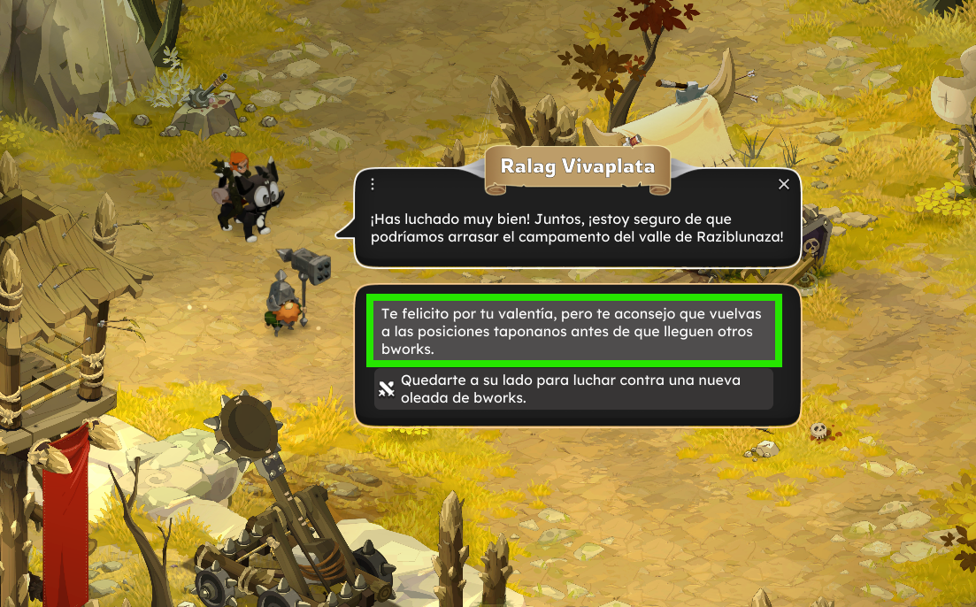Pantalla del videojuego con personajes y diálogos en un entorno de campamento en un valle, con detalles de plantas, huesos y armas.