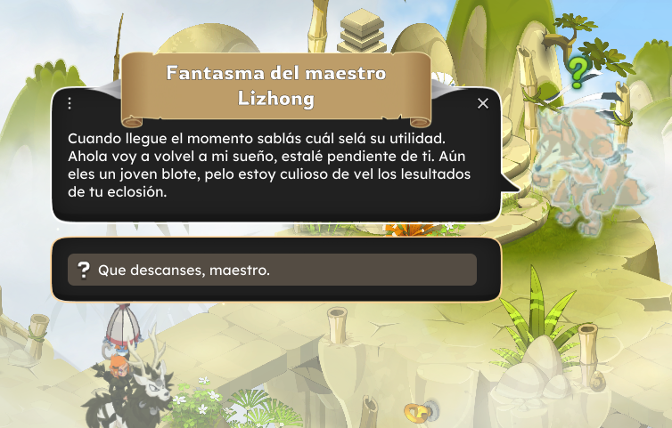dofus torrente arcano. Pantalla del juego que muestra un mensaje de un fantasma llamado Lizhong, con un fondo de paisaje de montañas y vegetación, y un personaje en la esquina inferior izquierda.