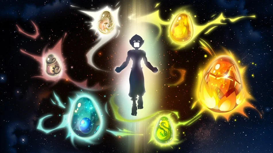 Ilustración futurista de un personaje en el centro rodeado por varias esferas de energía de diferentes colores y formas en un fondo estrellado.