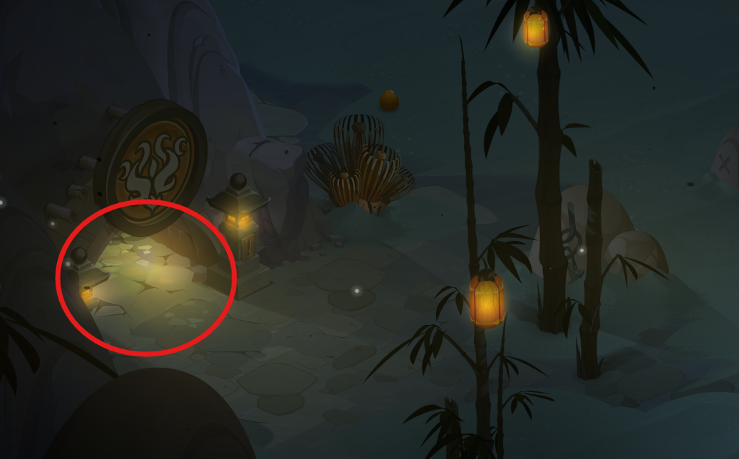Dofus Torrente Arcano. Camino de piedra en un entorno oscuro con linternas de papel colgando de árboles y una entrada adornada con lámparas pequeñas.