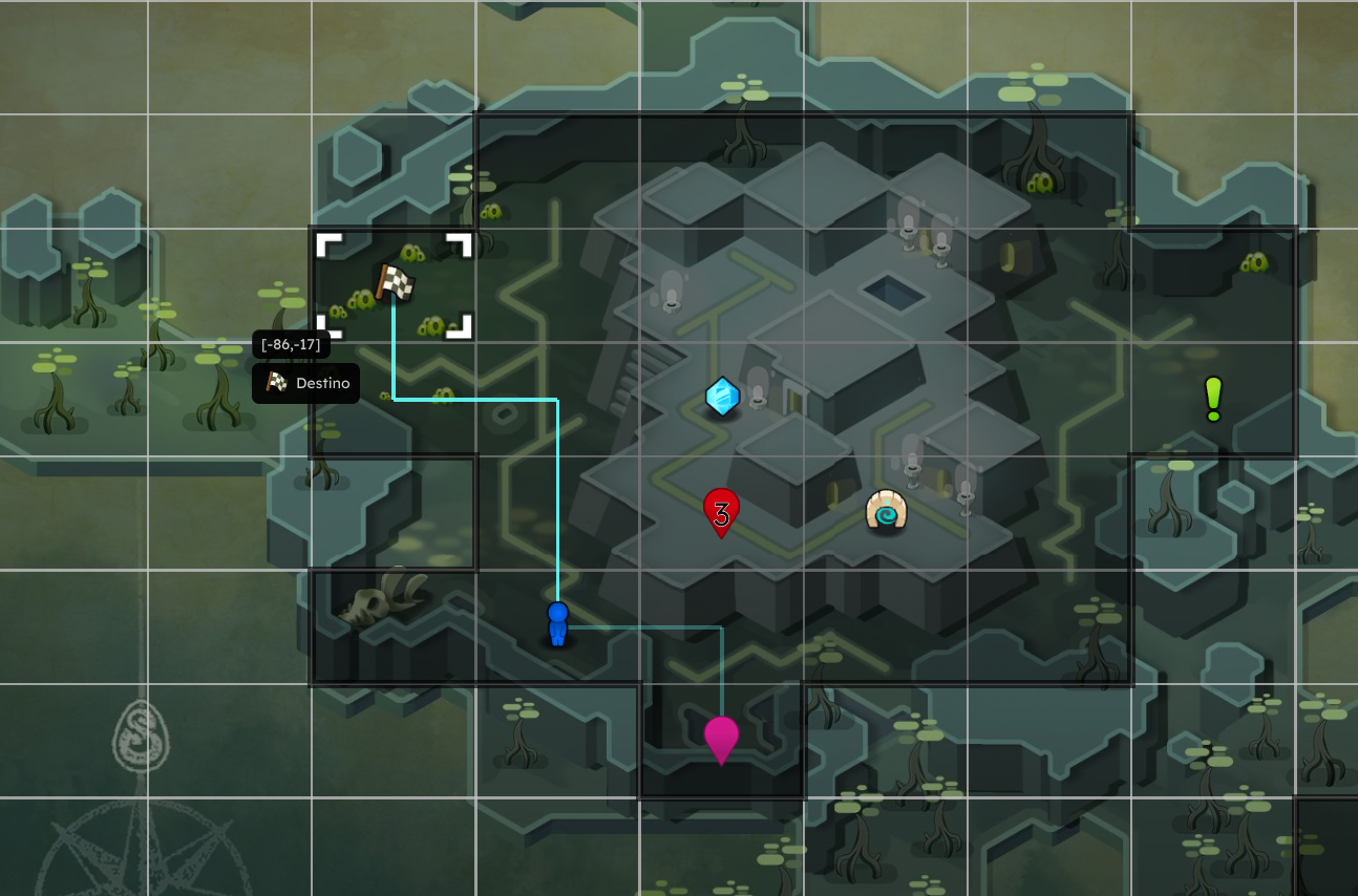 Mapa de un entorno subterráneo con personajes y marcadores, incluyendo una figura azul, un marcador rojo y un icono de exclamación verde.