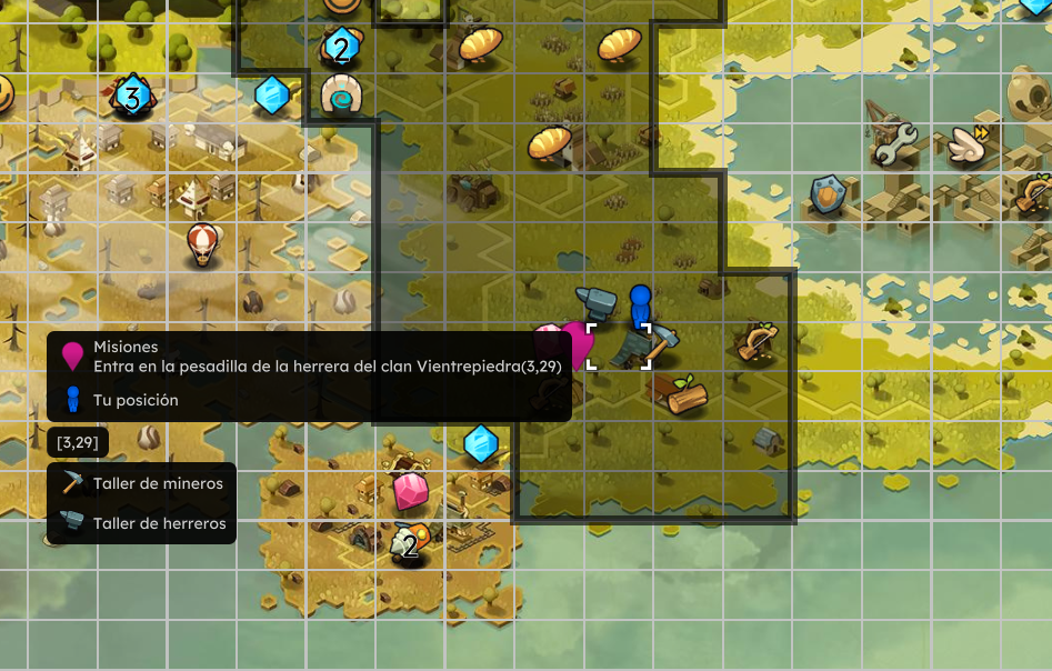 Mapa de un juego con marcadores y rutas, indicando la misión en la herrería del clan Vientre piedra en las coordenadas (3,29).