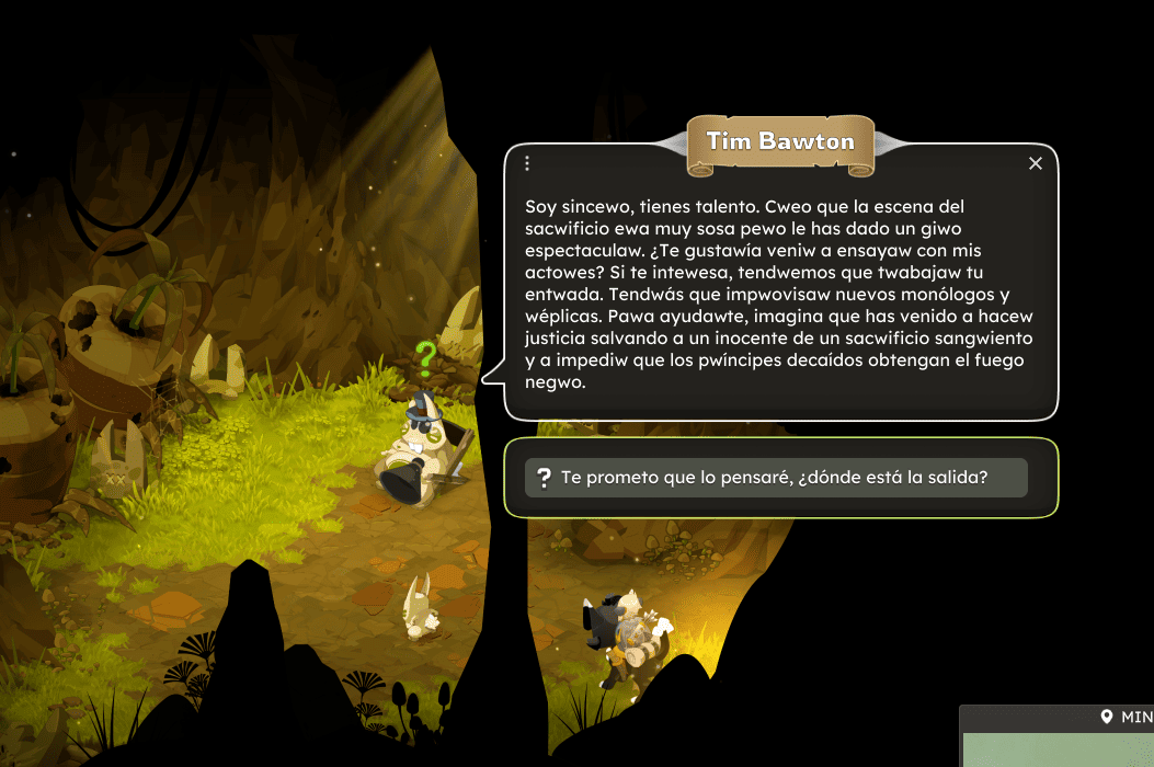 Ilustración de un escenario en una cueva con personajes antropomórficos, incluyendo a un zorro vestido de caballero con armadura y un loro. El zorro está sentado con una expresión pensativa, con vegetación y objetos de oro en el fondo, y un pergamino en sus manos, junto a un mensaje en un cuadro de diálogo.