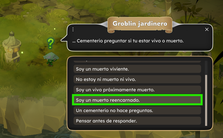 Pantalla de un videojuego que muestra una pregunta sobre si un personaje muere o está vivo, con varias opciones de respuesta, en español.