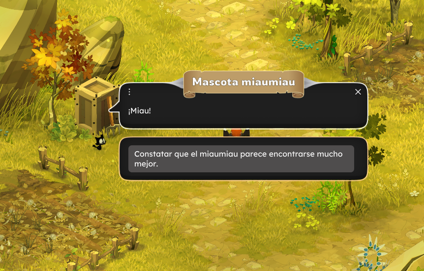 Dofus Torrente Arcano. Pantalla del videojuego con un diálogo entre un personaje y la mascota Miaumiau, en un entorno natural con árboles, césped y caminos de piedra.