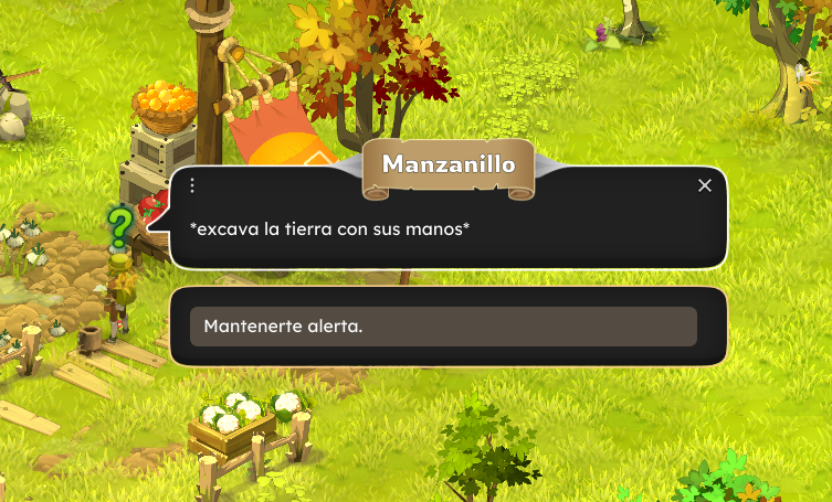Pantalla del juego con una misión llamada 'Manzanillo' que indica excavar la tierra con las manos y una opción de mantenerte alerta. Hay árboles, plantas y estructuras de madera en un entorno natural.